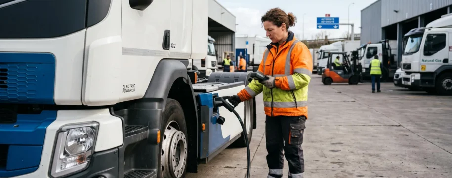 Responsable de flotte inspectant un camion électrique dans un dépôt de transport routier français avec plusieurs véhicules en arrière-plan