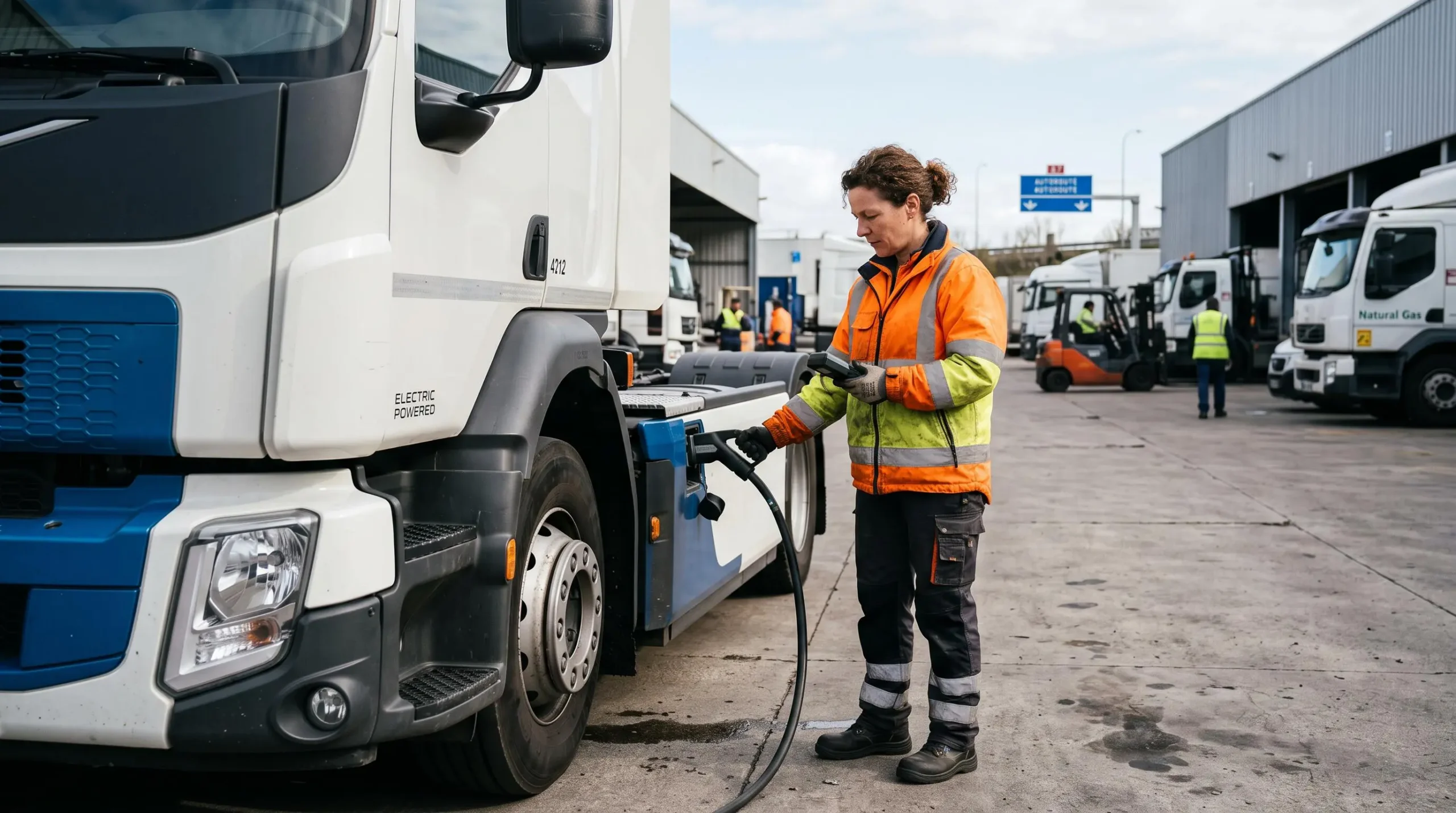 Responsable de flotte inspectant un camion électrique dans un dépôt de transport routier français avec plusieurs véhicules en arrière-plan