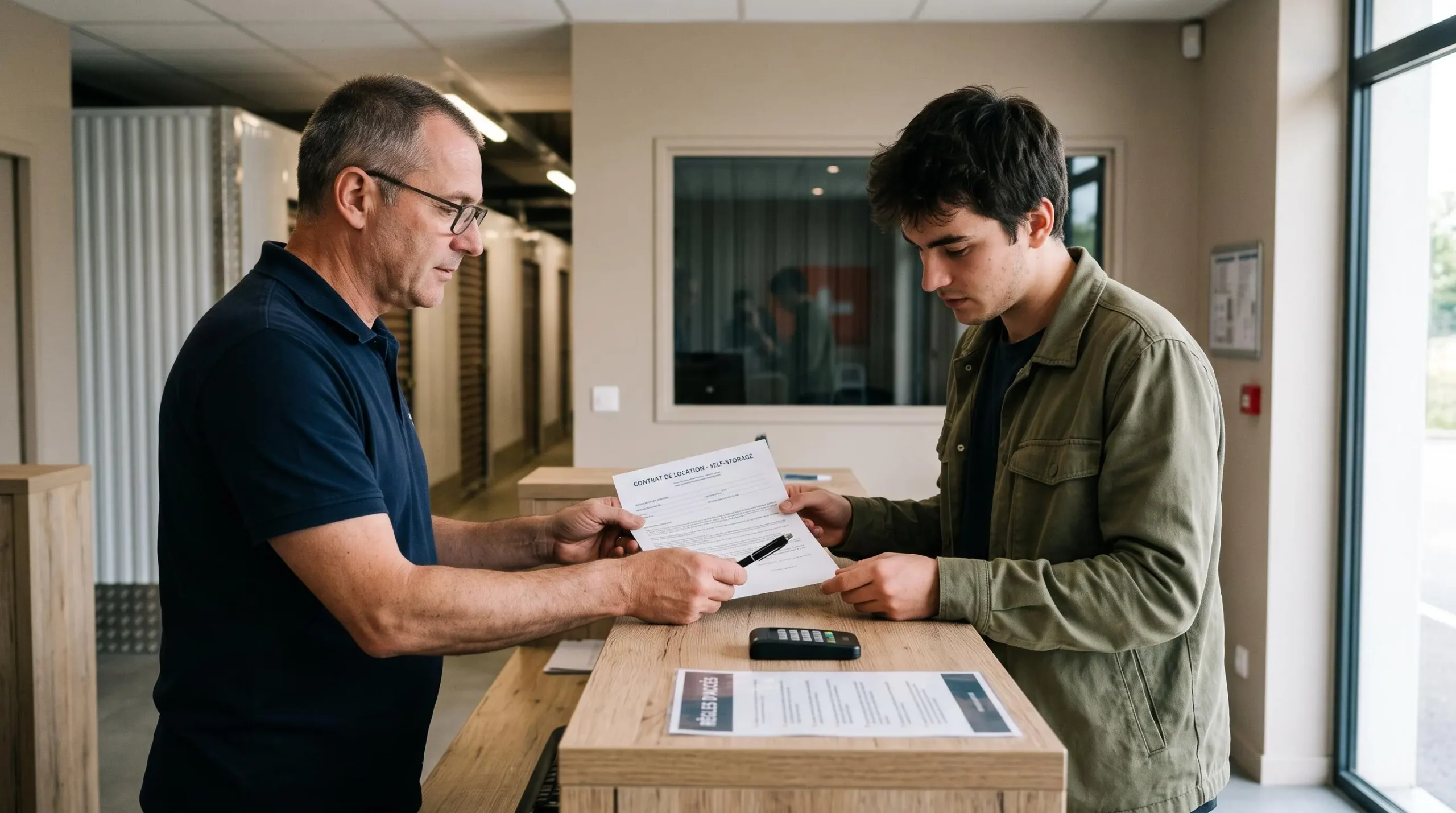 Un employé remet un contrat de location et un stylo à un client au comptoir d'un centre de self-stockage.