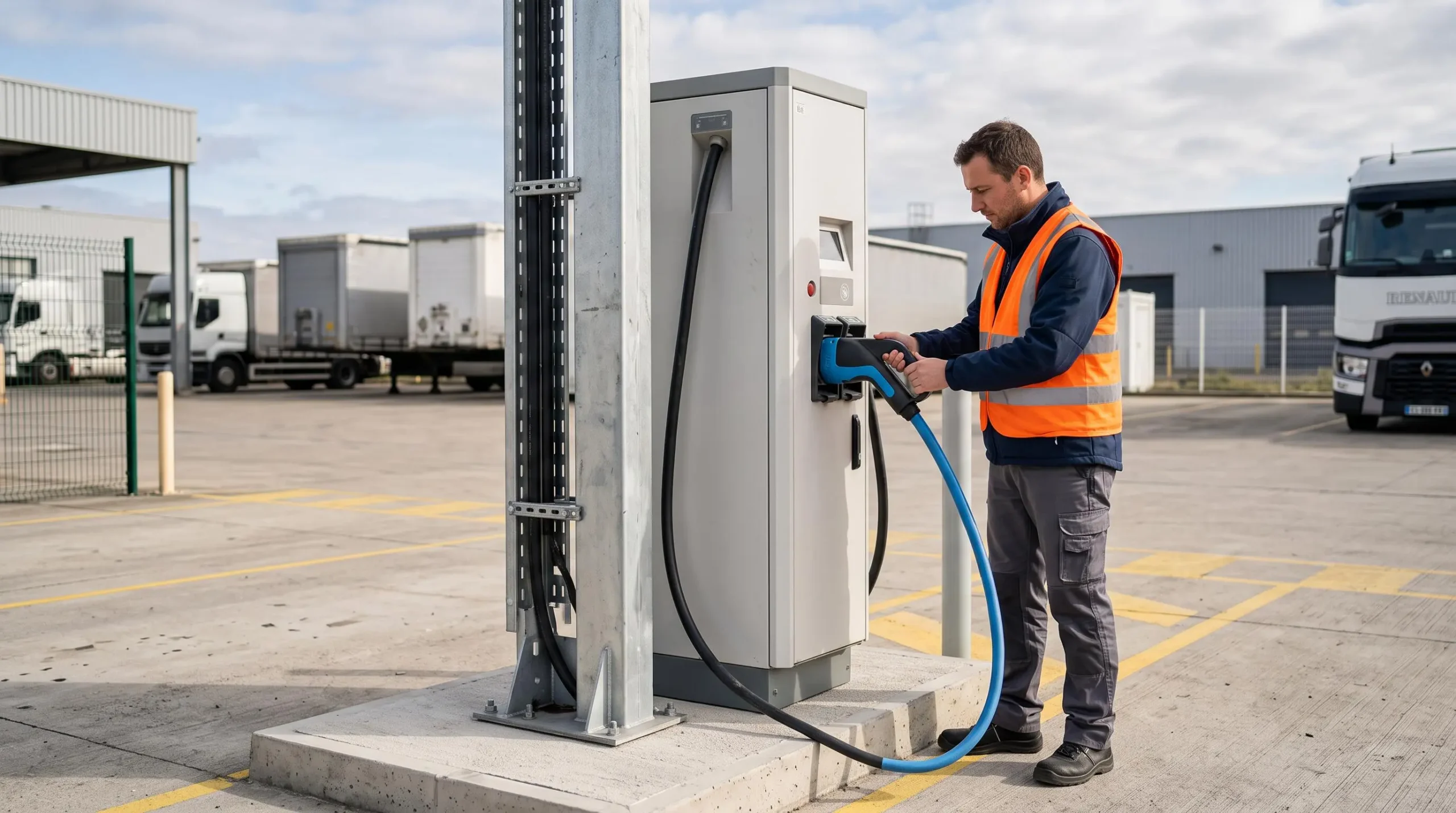 Station de recharge électrique pour poids lourds dans un dépôt de transport avec technicien effectuant une vérification de connexion