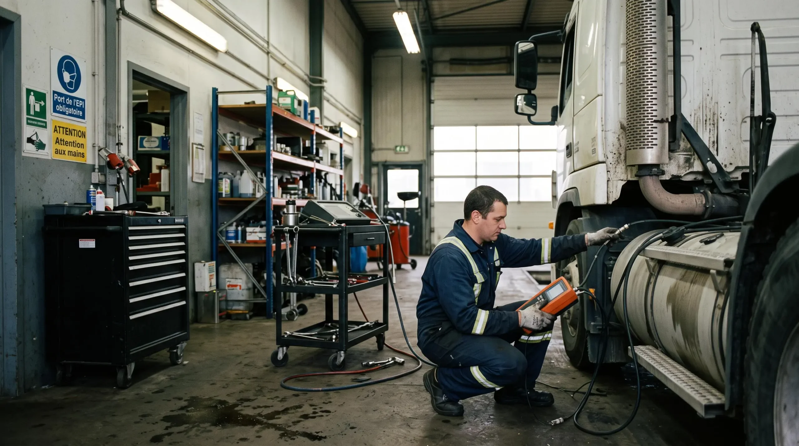 Technicien effectuant un diagnostic d'émissions carbone sur un camion poids lourd dans un atelier de maintenance
