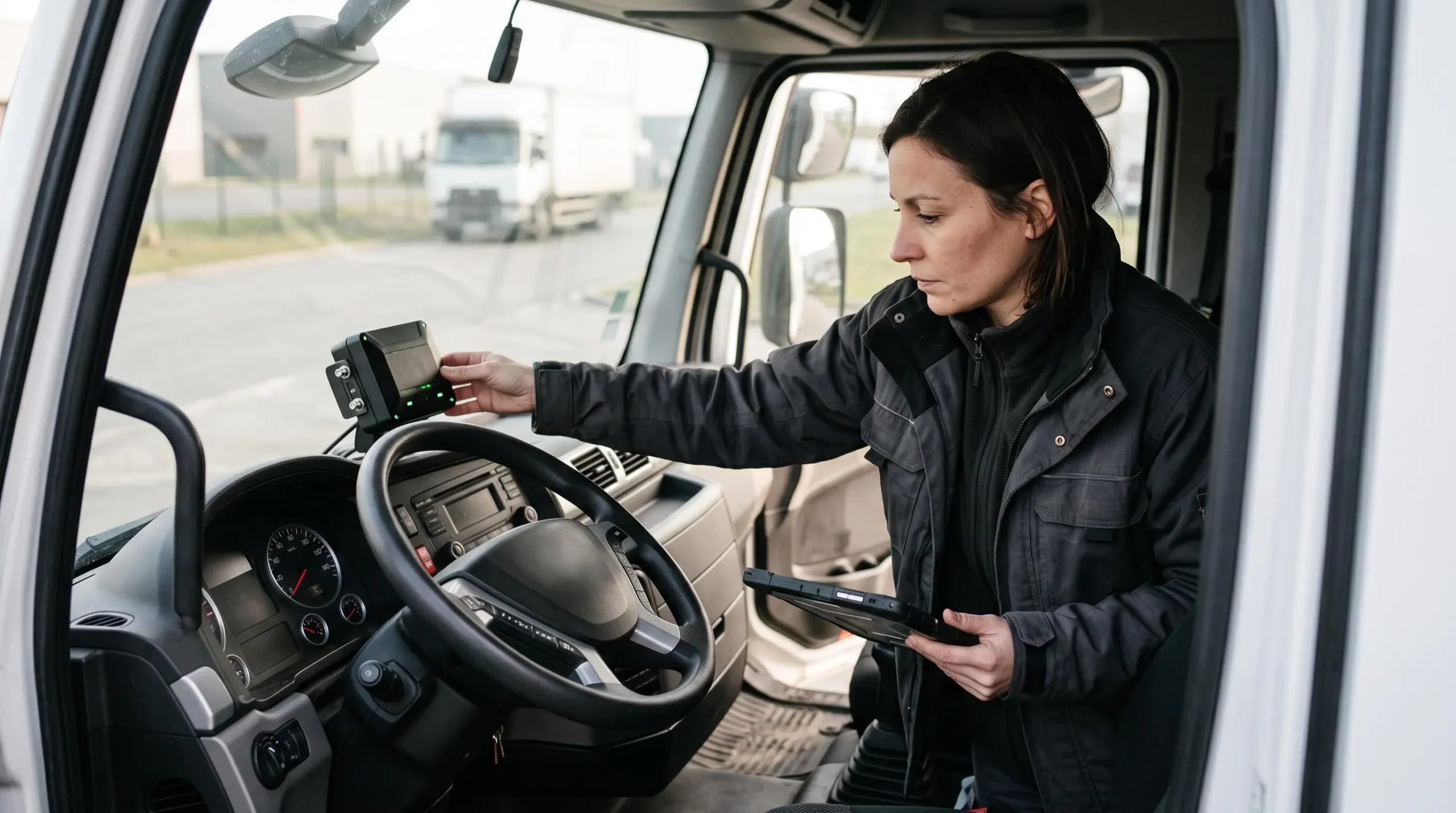Technicien vérifiant un équipement de monitoring carbone installé dans la cabine d'un camion de transport