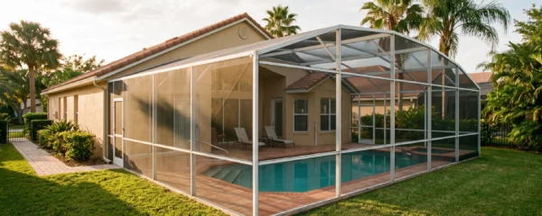Une villa de vacances avec piscine et véranda grillagée dans un quartier résidentiel de Floride, éclairée par la lumière de fin d'après-midi.