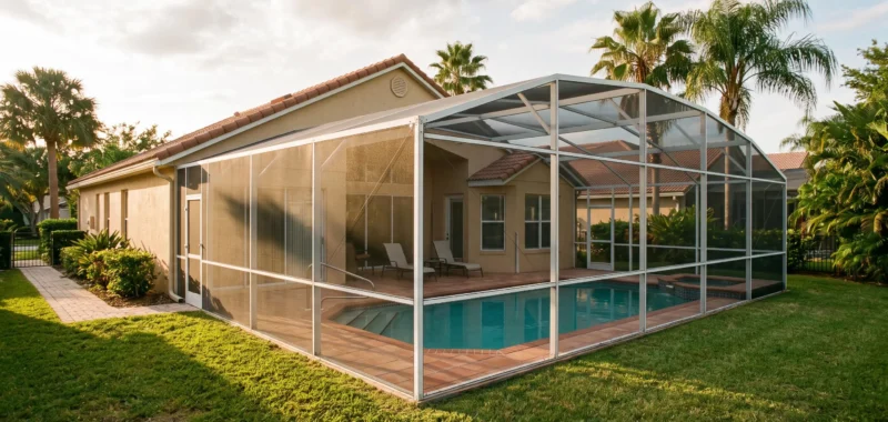 Une villa de vacances avec piscine et véranda grillagée dans un quartier résidentiel de Floride, éclairée par la lumière de fin d'après-midi.