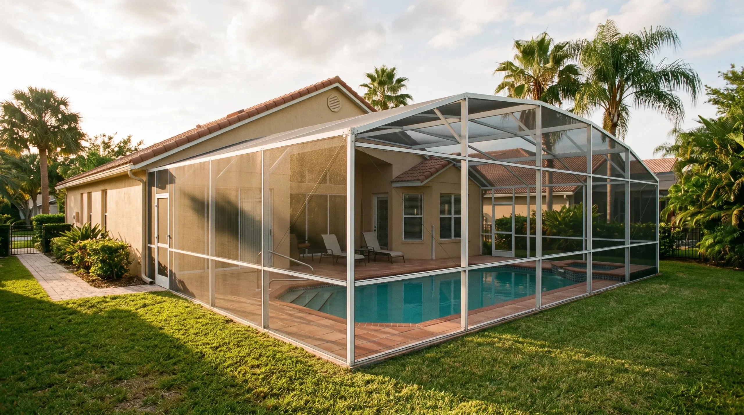 Une villa de vacances avec piscine et véranda grillagée dans un quartier résidentiel de Floride, éclairée par la lumière de fin d'après-midi.