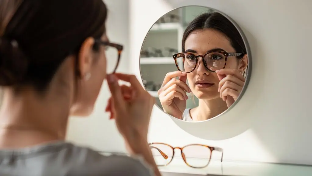 Une femme compare deux formes de montures devant un miroir.