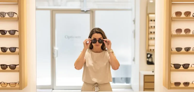 Une femme compare deux paires de lunettes de soleil devant un miroir en boutique d'optique.