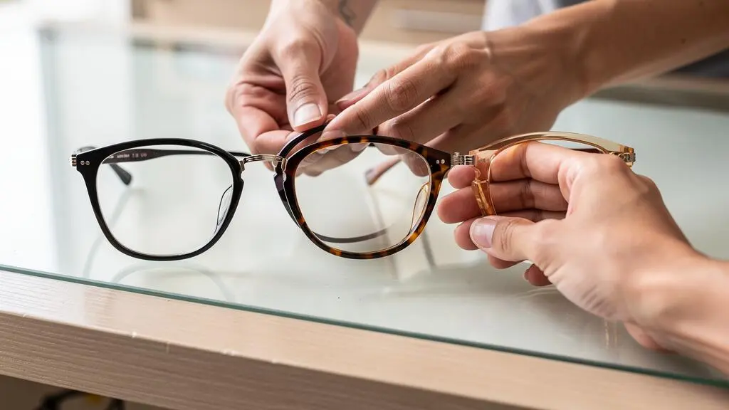 Des mains examinent la finition de trois montures en acétate sur un comptoir.
