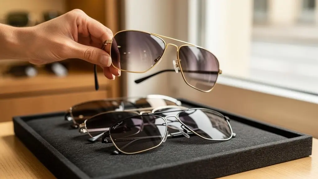Un opticien examine des montures aviateur sous la lumière d'un magasin.