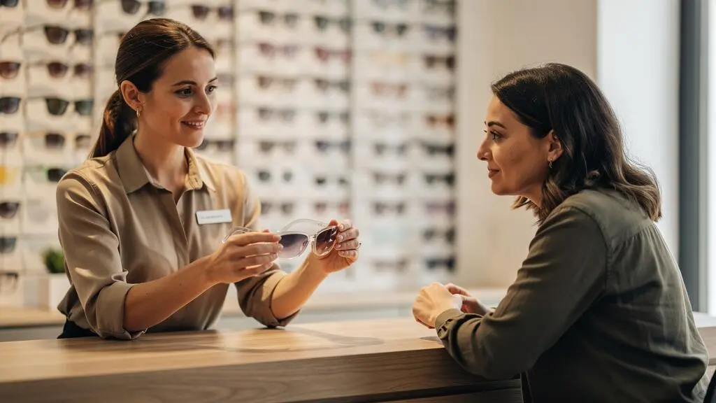 Un opticien présente une monture translucide à une cliente assise au comptoir.